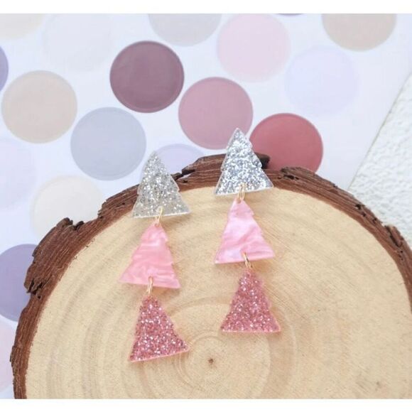 NWT 3 Tier Pink & Silver Glitter Bling Christmas Tree Dangle Earrings - Picture 4 of 6